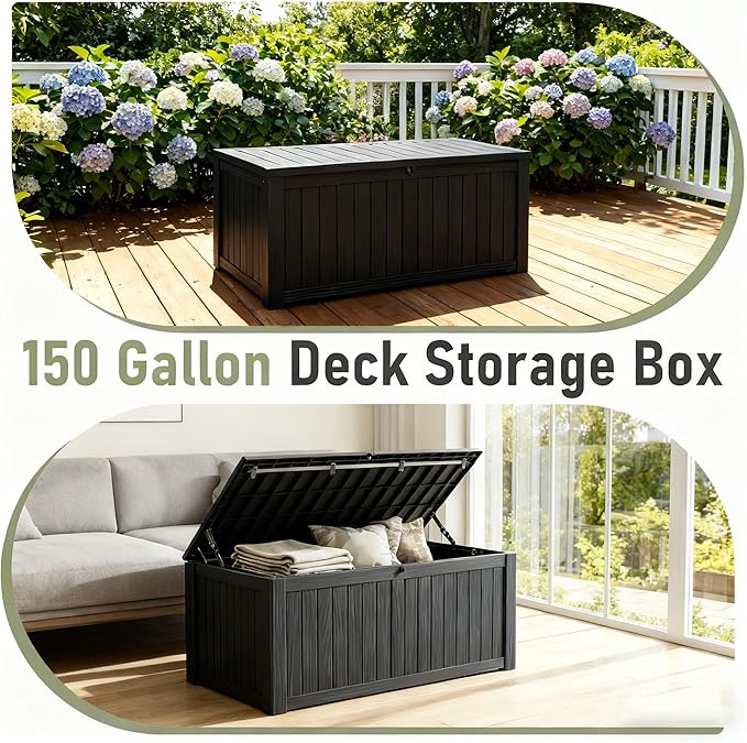 NBYSGO Outdoor Storage Box, Resin Deck Boxes Indoor and outdoor, Waterproof Storage Box Lockable Lid (Black,150 Gallon)