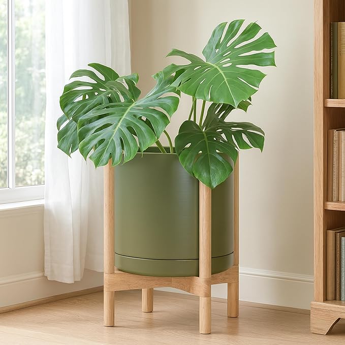 D'vine Dev Ceramic Planter with Natural Stand - 14 Inch Modern Round Flower Pot with Wood Planter Holder, Olive, 55-B-R-J