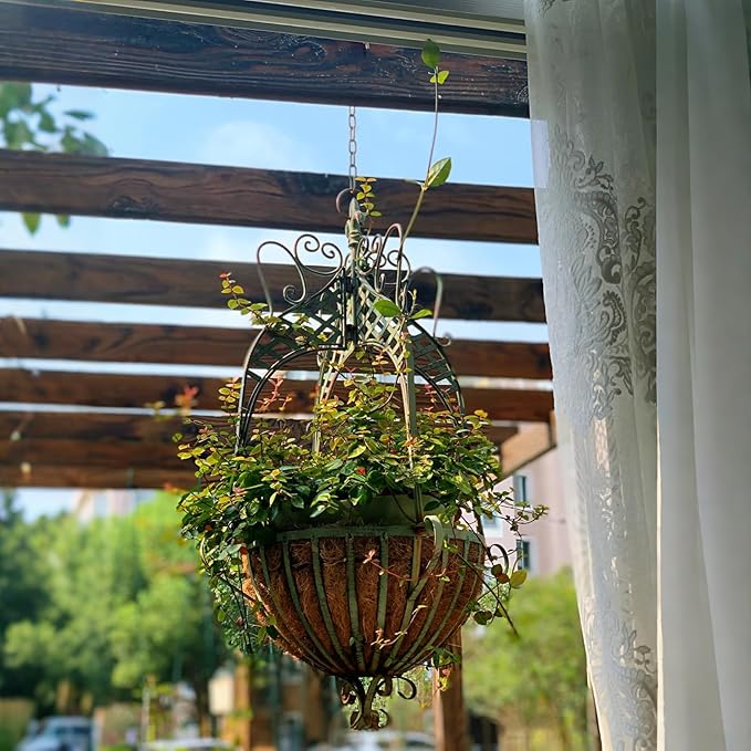 Large Hanging Planter for Outdoor Indoor Plants, 12.6-Inch Rustic Metal Hanging Basket for Farmhouse, Patio,Porch,Deck, or Garden, Green