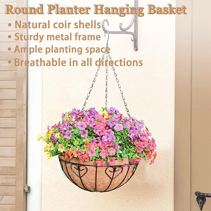 4 Pack 12 Inch Hanging Baskets for Plants Outdoor Metal Hanging Planter Basket with Coco Coir Liner Hanging Flower Baskets Hangings Flower Pots Holder for Garden, Patio(AX)