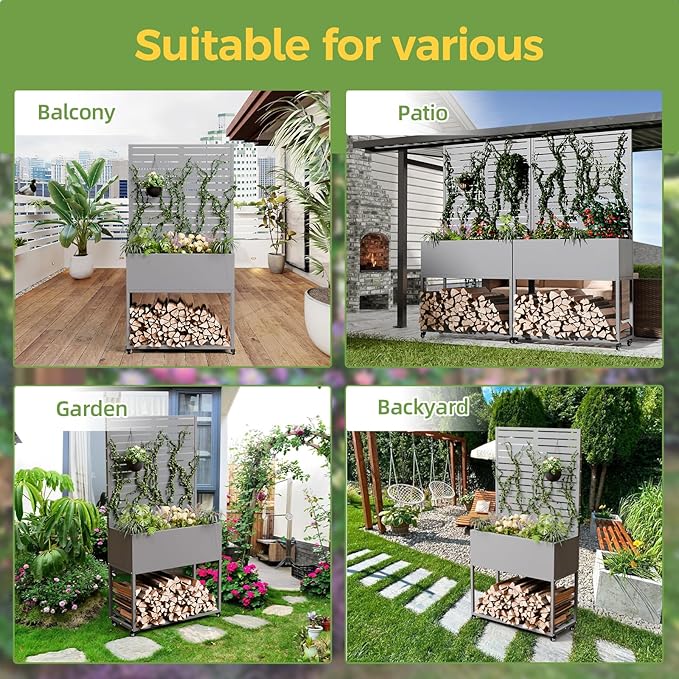 Metal Planter Box with Trellis, 3 in 1 Raised Garden Bed with Trelli & Firewood Rack, Privacy Planter Screen for Climbing Plants, Vine, Outdoor Garden Standing Beds with Drainage Holes, Wheels,Grey
