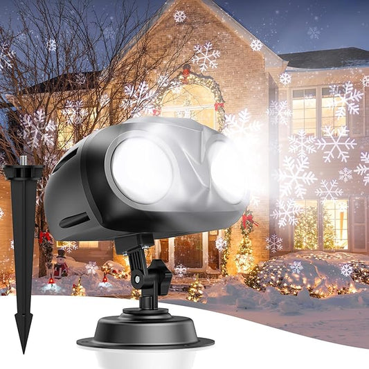 Christmas Snowflake Projector HD Lights Outdoor, Dual-Head Snowfall Led Lights with Remote, IP65 Waterproof, for Halloween Xmas New Year Holiday Party Decoration