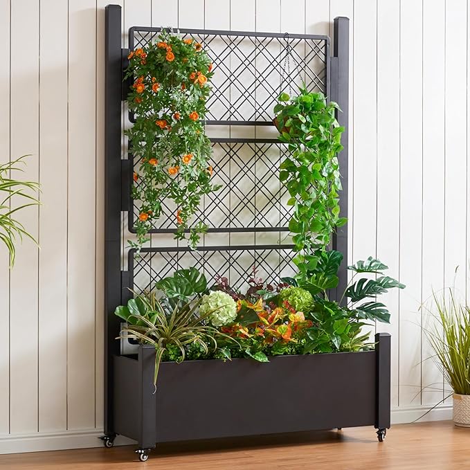 Metal Raised Garden Bed with Trellis, 72Hx46Wx16D Inch Large Outdoor Planter Box for Climbing Plants, Vegetables & Vines, Privacy Screen with Wheels and Drainage Holes, Black