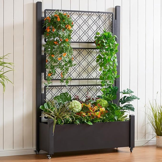 Metal Raised Garden Bed with Trellis, 72Hx46Wx16D Inch Large Outdoor Planter Box for Climbing Plants, Vegetables & Vines, Privacy Screen with Wheels and Drainage Holes, Black