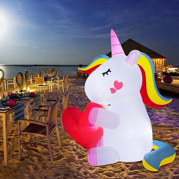 Lulu Home Lighted Yard Decorations, 5 FT Large Inflatable Light Up Unicorn Holding A Red Heart, Valentines' Day Blow Up Adorable Rainbow Colorful Unicorn Outdoor Indoor Party Display Decor