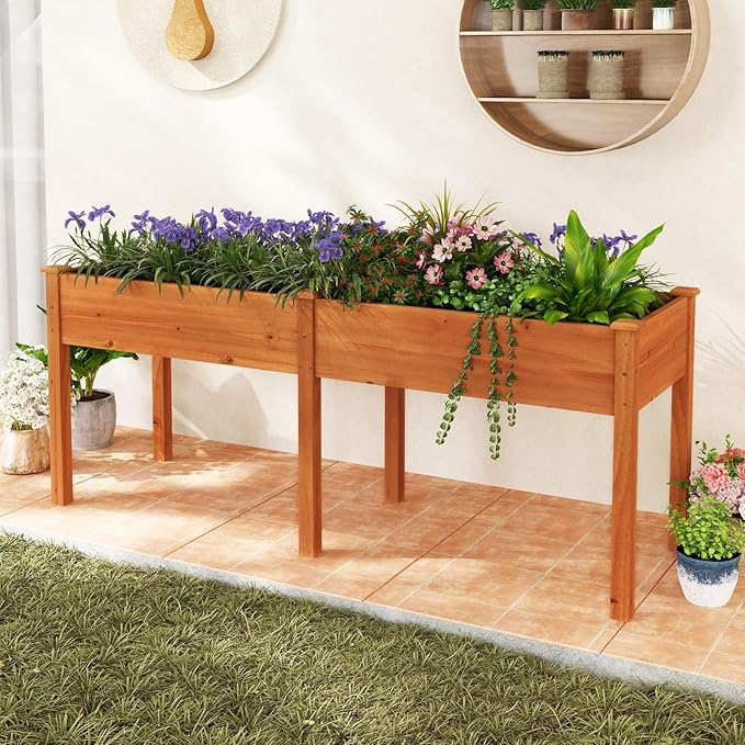Raised Garden Bed with Legs, Elevated Planter Box with Divider & 8 Drainage Holes, Fir Wood Garden Box for Vegetables, Flowers, Fruits & Herbs (Brown Yellow)