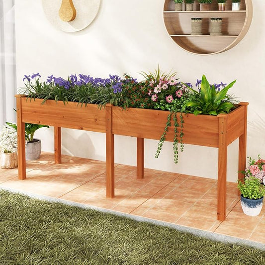 Raised Garden Bed with Legs, Elevated Planter Box with Divider & 8 Drainage Holes, Fir Wood Garden Box for Vegetables, Flowers, Fruits & Herbs (Brown Yellow)