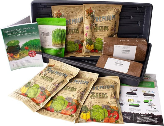 Living Whole Foods Certified Organic Wheatgrass Growing Kit - Grow & Juice Wheat Grass: Trays, Seed, Coco Coir Soil, Instructions, Wheatgrass Book, Azomite Fertilizer & More