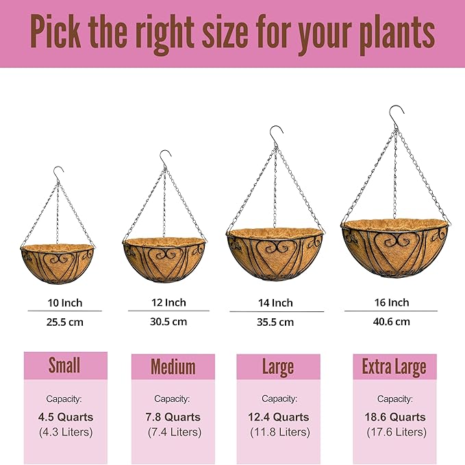 LaLaGreen Hanging Baskets for Plants (14 Inch, 4 Pack) Hanging Flower Pots with Coco Liner, Black Metal Wire Round Basket Plant Holder with Hanger Hook Chain, Outdoor Patio Deck Balcony Garden Decor