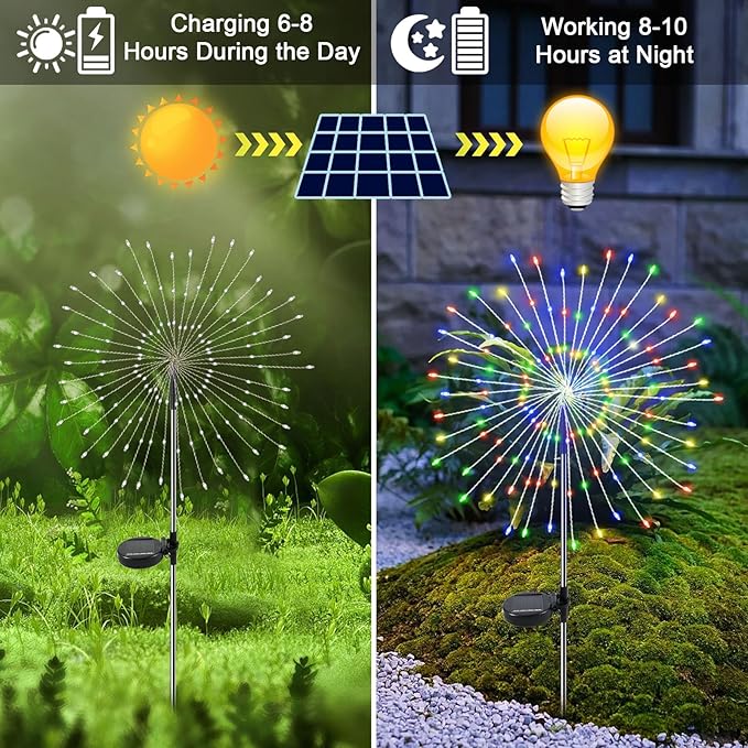 Solar Garden Lights Outdoor, 4 Pack 120 LED Twinkling Firework Lights Decorative with 2 Modes, Outdoor Waterproof Solar Starburst Light for Outside Yard Pathway Garden Decor, Multicolor