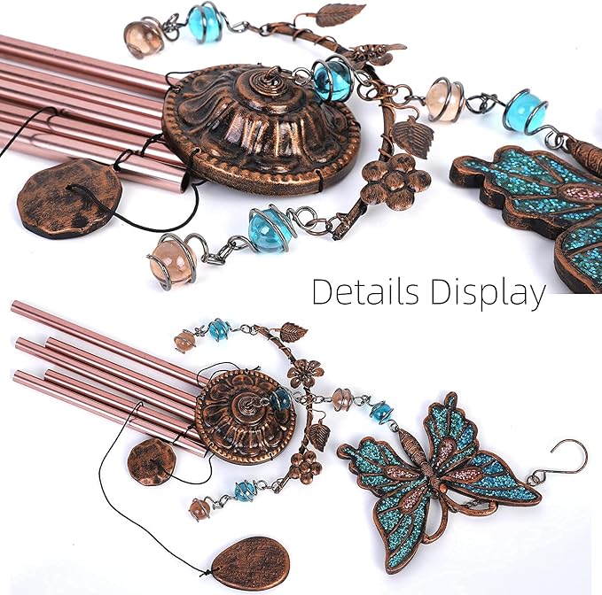 Blue Butterfly Wind Chimes - Wind Chimes for Outside Deep Tone 34 inches 5 Aluminum Tubes, Thanksgiving, Christmas, Birthday Gifts for Mom, Grandma, Daughter, Decor for Home, Garden, Patio, Backyard