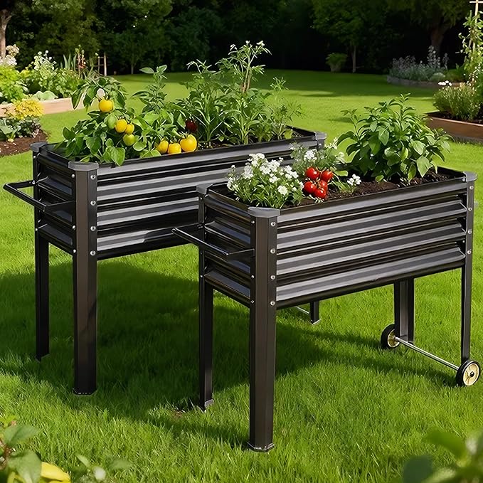 Land Guard 2 Pack Galvanized Raised Garden Bed with Legs & Wheels, 48×18×32in Metal Elevated Raised Planter Box for Backyard, Patio, Balcony, 500lb Capacity, Dark Grey