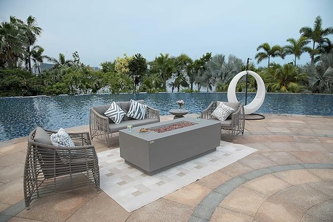 AMS Fireplace Sedona Fire Table Light Gray Liquid Propane Gas Pit Table for Outside Patio Bundle with Wind Guard, and SS Burner Lid | Free Rubber Mat & Ice Bucket