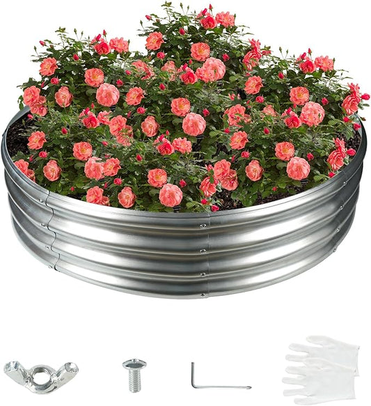 4FT Diameter Galvanized Garden Raised Bed/Plant Box/Fire Pit Ring-0.8mm Thick,12 Inch Tall,Crimped Edge and Corner,No Sharpe,Perfect for Plantings (Silver, 48 Dia X 11.5 inches)