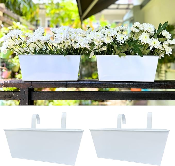 LalaGreen Outdoor Planter (2 Pack, 12 Inch) White Metal Rectangle Window Boxes Planters with Drainage Holes, Strawberry Wall Hanging Flower Pots Balcony Deck Railing Fence Minimalist Patio Home Decors