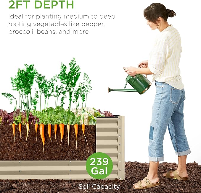 Best Choice Products 8x2x2ft Raised Outdoor Metal Garden Bed, Rectangular Planter Box for Herbs, Flowers, and Deep Root Vegetables w/ 240 Gallon Capacity- Beige