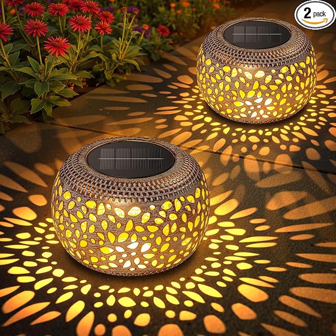 Solar Table Lanterns Outdoor Waterproof: 2 Pack LED Lamps for Patio - White Hollow-Out Metal Retro Solar Light Decor Gift for Women Mom Mothers Day Yard Garden Balcony Indoor Desk Tabletop Decorations