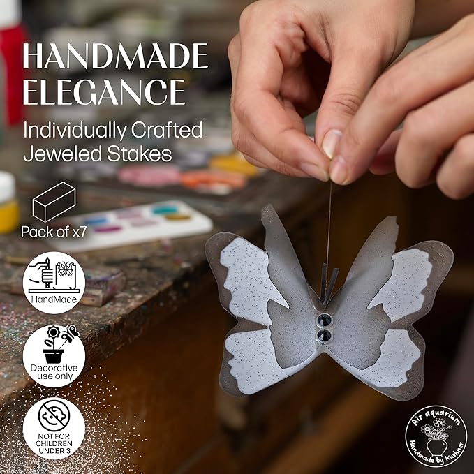 Handmade White Butterfly Garden Stakes - Set of 7 Premium 3D Hand-Painted Butterflies with Fluttering Spring Movement, Weatherproof Metal Rod, Outdoor Indoor Decor, Ideal Gift
