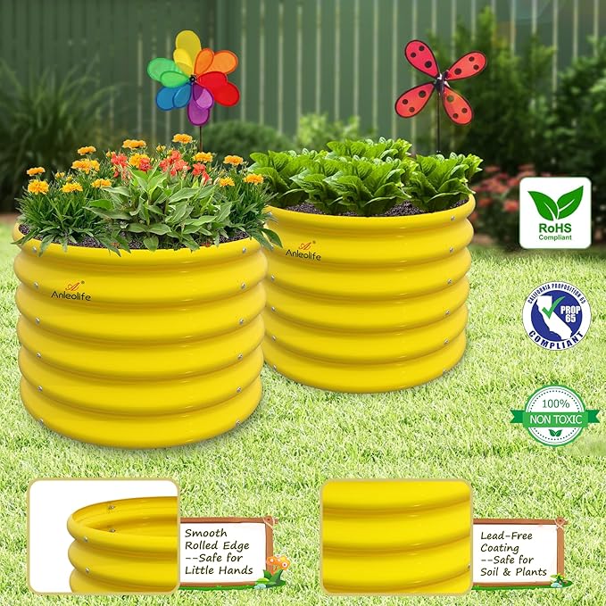 A ANLEOLIFE Kids Mini Raised Garden Beds Outdoor (4-Pack)-24x24x18in Round Galvanized Metal Planter Box for Planting Vegetables, Flowers, Fruits, Eco-Safe & Easy Setup, Sunlit Gold