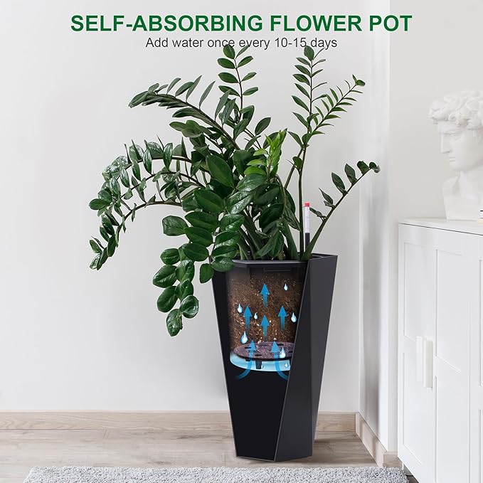 Set of 2 Tall Planters for Outdoor Plants, 22.5" Large Planter Pots with Drainage Holes & Water Level Monitor, Self-Watering Flower Pots for Patio, Porch, Garden, Front Door Decor, Indoor Outdoor