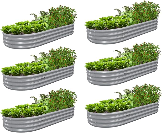 6 Pack 6x3x1FT Galvanized Raised Garden Bed Kit Oval Metal Ground Planter Box Outdoor Bottomless Planter Raised Beds for Vegetables Flowers Herbs Fruits, Gray