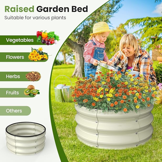 Galvanized Raised Garden Bed, 2pcs 2x2x1 FT Round Planter Box for Outdoor, Raised Beds for Gardening Vegetables Flower Herb(Pearl White & Sage Green)