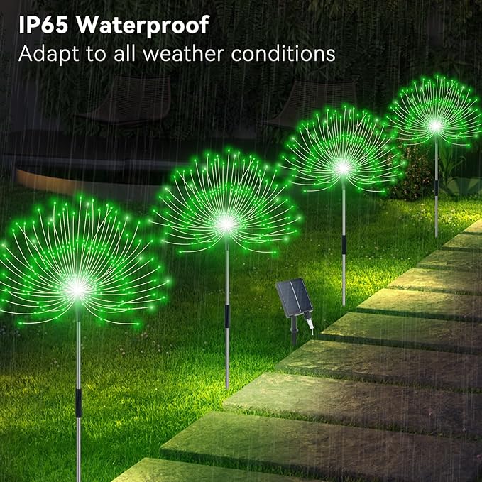Solar Garden Lights Outdoor Waterproof, 4 Pack Total 480 LED Solar Firework Lights Decorative with 8 Lighting Modes Outside for Yard Pathway Flowerbed Decor, Green