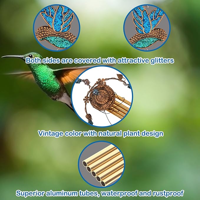 Wind Chimes - Blue Hummingbird Wind Chimes for Outside Deep Tone 34 inches 5 Aluminum Tubes, Thanksgiving, Christmas, Birthday Gifts for Mom, Grandma, Decorations for Home, Garden, Patio, Backyard