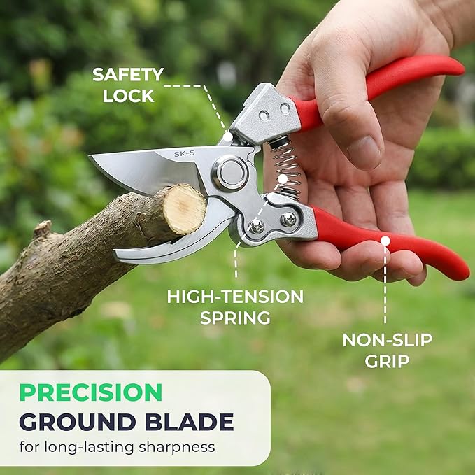 Flora Pruning Shears – SK5 Steel Garden Scissors with Safety Lock, 1” Cutting Capacity, Ergonomic Non-Slip Handles, Bypass Hand Pruners for Plants, Roses, Bonsai & Shrubs