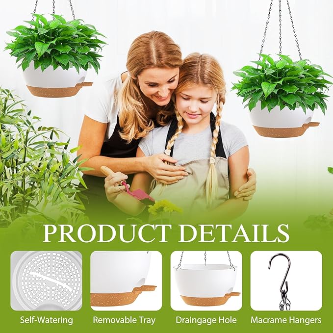 12 Inch Hanging Baskets 2 PC with Chains, Self-Watering Hanging Planters for Indoor Outdoor Plants, Plastic Hanging Flower Pots,White Brown