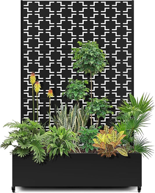 15.7"×70.9"×47.2" Metal Raised Garden Bed with Trellis and Wheels - Tall Trellis Planter Box for Climbing Plants, Vegetables & Vines - Outdoor Privacy Planters for Patio (Black-Square)