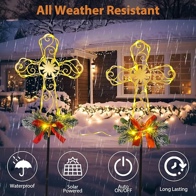 Cemetery Christmas Decorations Cross with 60 String Lights, Christmas Metal Yard Stakes for Gravesite Religious Outdoor Decorations 2 Pack
