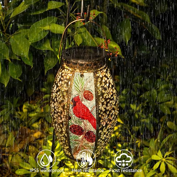 Solar Lanterns Outdoor Hanging Light Cardinal LED Glass Light Waterproof Hollowed-Out Metal Decor Garden,Yard,Patio,Gifts,Table,Pathway,Holiday for Women Mom