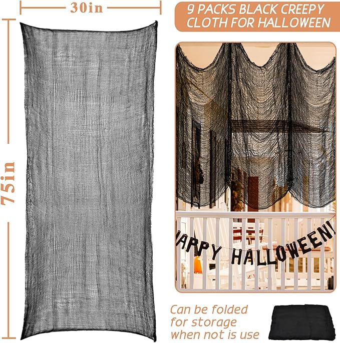 ZeeDix 9 Pack Black Halloween Creepy Cloth 30 x 75 Inch Halloween Decoration Spooky Scary Gauze Cloth Black Cheesecloth for Party Supplies Outdoor Yard Home Wall Doorways