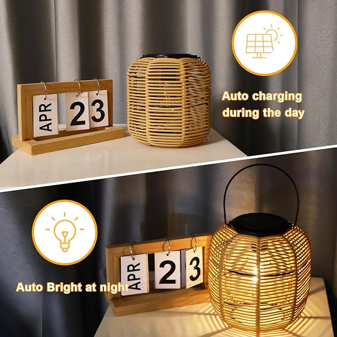 Hanging Solar Lanterns Outdoor Waterproof, 2 Pack Rattan Outdoor Lanterns, Outdoor Solar Hanging Lights, Lantern Lamp Decorations for Outside Yard Garden Pathway Porch Indoor Table Rattan Decor