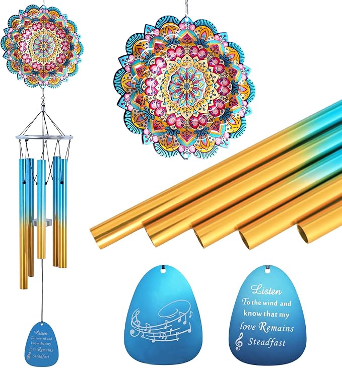 Wind Chimes for Outside with Wind Spinner Mandala Lucky Star,33" Memorial WindChimes Outdoor Garden Decorations,Suitable for Zen Patio,Gifts for Mom Women Wife Grandma,Christmas Ornaments