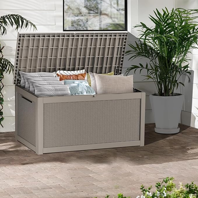 320GAL Deck Box -Grey ，Lockable Resin Storage Box，Outdoor Storage Box，UV Resistant Resin，Patio, Garden and Poolside