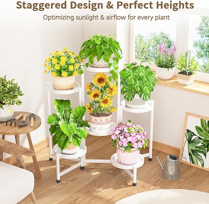 LASZOLA 6 Tiered Folding Tall Plant Stand Indoor for Multiple Large Planter, Heavy Duty Metal Adjustable Flower Rack for Narrow Corner, Sturdy Vertical Spiral Shelving Holder for Modern House, White