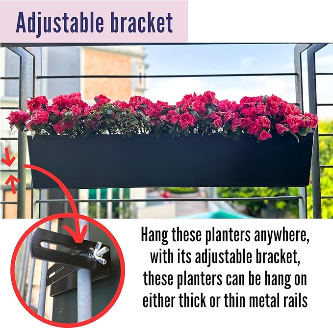 LaLaGreen Rail Planter for Balcony Outdoor (40 Inch, 1 Pack) Large Self Watering System Railing Planters with Brackets, Black Rectangular Window Hanging Flower Boxes Herb Plant Plastic Container Decor