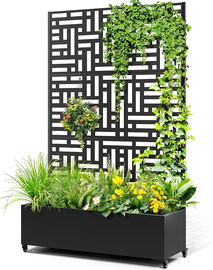 Metal Raised Garden Bed with Trellis, 2-in-1 Planter Box & Privacy Screen for Climbing Plants, Outdoor Standing Flower Bed with Drainage Holes, 47.2" L x 16.7" W x 70.8" H, Black-Helen