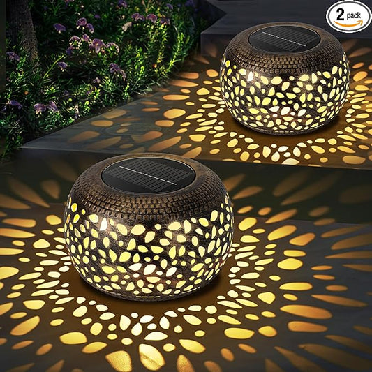 Solar Lanterns Waterproof Outdoor Decor: 2 Pack Hollow Out Retro Metal Solar Lights, Unique Gardening Gifts for Women Mom, Outside Garden Yard Porch Lawn Indoor Tabletop Decorations, 2 Lighting Colors