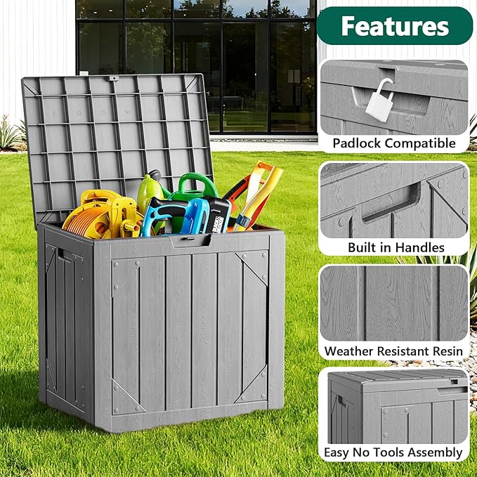 MAKE CHANGES Outdoor Storage Box,30 Gallon Deck Box Outdoor Storage Bench Outside Waterproof Resin Storage Bench, Lockable Patio Cushions, Garden Tools Storage For Furniture, UV Resistant(Gray