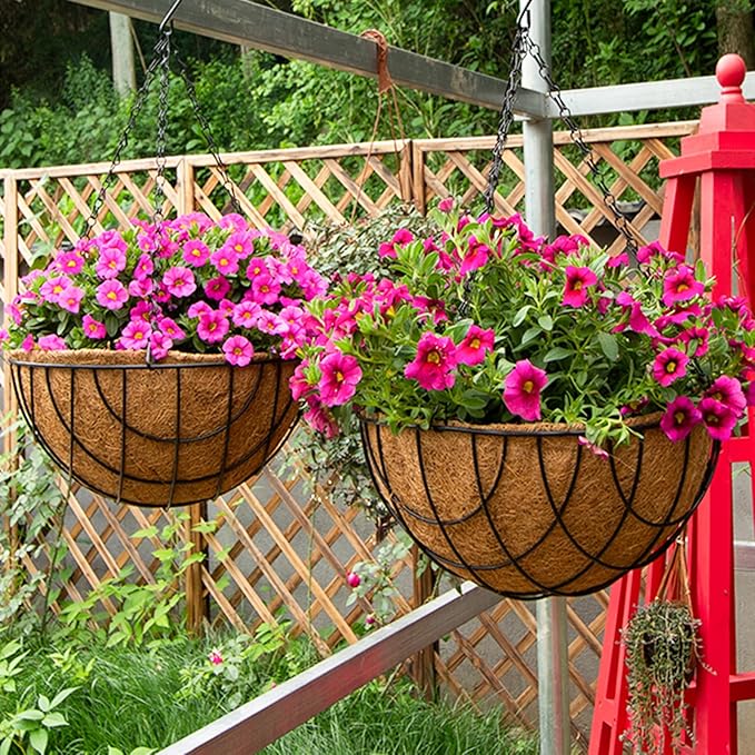 14 inch Metal Hanging Baskets For Plants Outdoor 4 Pack Round Metal Wire Hanging Basket Planter with Coco Fiber Liners Plant Holder for Garden, Patio, Deck, Porch Plants Flower Potss Outdoor(Grid)
