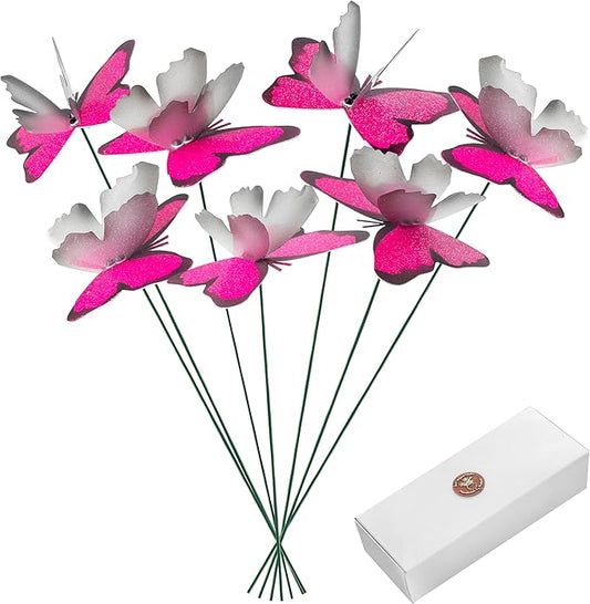 Handmade Pink Butterfly Garden Stakes - Set of 7 Premium 3D Hand-Painted Butterflies with Fluttering Spring Movement, Weatherproof Metal Rod, Outdoor Indoor Decor, Ideal Gift