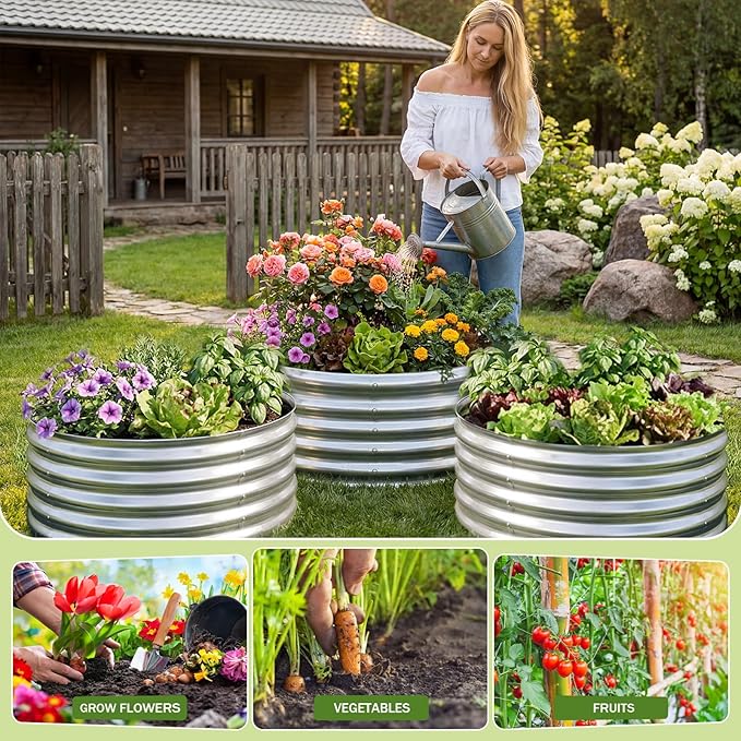 AHEONLAR 3Pack 2x2x1 ft Round Galvanized Raised Garden Bed Kit Round Metal Flower Box Large Planter Raised Beds Outdoor Garden for Planting,Fruit,Herb-Sliver