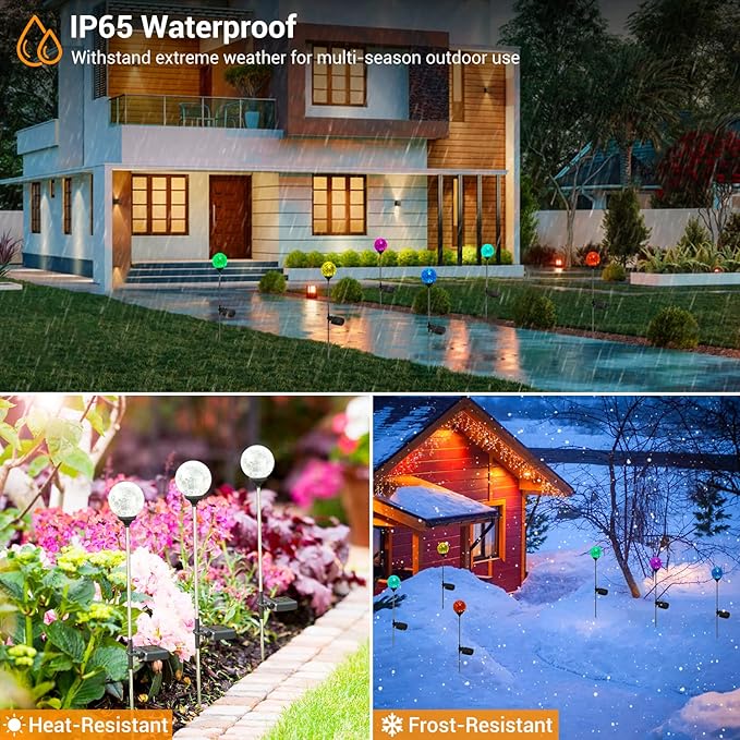 Solar Outdoor Lights, 6 Pack Christmas Solar Stakes Crystal Cracked Glass LED Garden Globe Light Outdoor Waterproof, Color-Changing Auto On/Off, Pathway Lights for Landscape Patio Yard Decorations