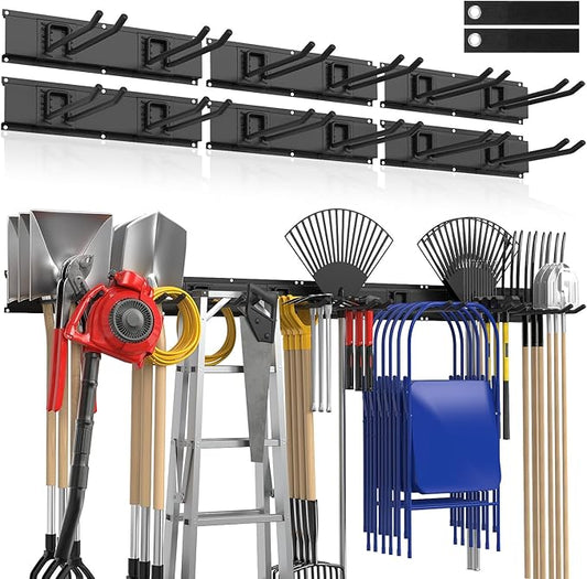 Heavy Duty Garden Tool Organizer 96 Inch - 20Pack Carries 720 lbs, Garage Tool Organizer Storage System, 6 Rails with 12 Adjustable Metal Hooks, Yard Shed Rack for Rake Broom Mop Snowboard