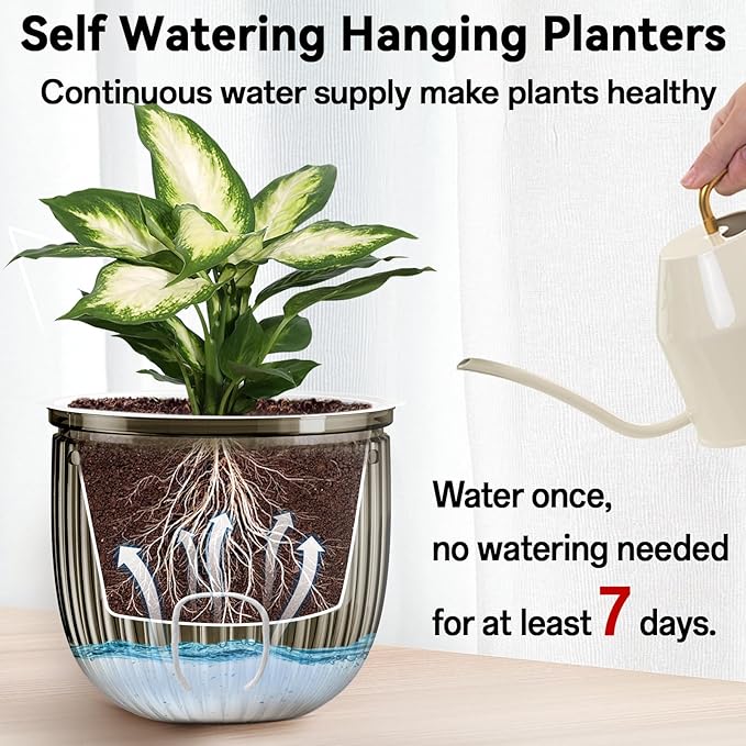 Halatool 2 Pack Hanging Planters Indoor Plant Pots, 6.5" & 8.3" Self Watering Hanging Basket Flower Pot, Translucent Plant Hanger with Drainage Holes for Garden Home Wall Decor (Starry Gray)