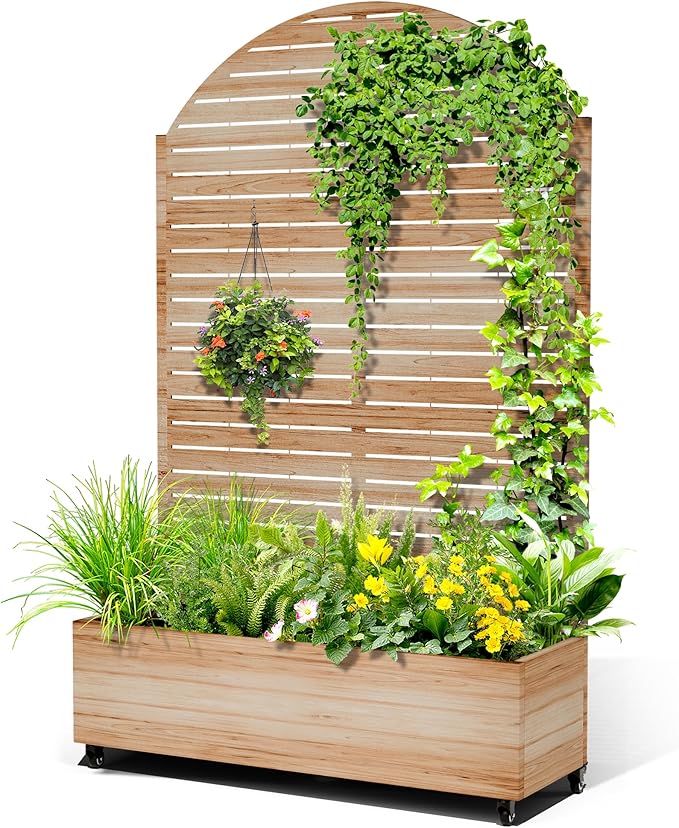 Metal Raised Garden Bed with Trellis, 2-in-1 Planter Box & Privacy Screen for Climbing Plants, Outdoor Standing Flower Bed with Drainage Holes, 47.2" L x 16.7" W x 70.8" H, Acacia Wood Grain-Louvered