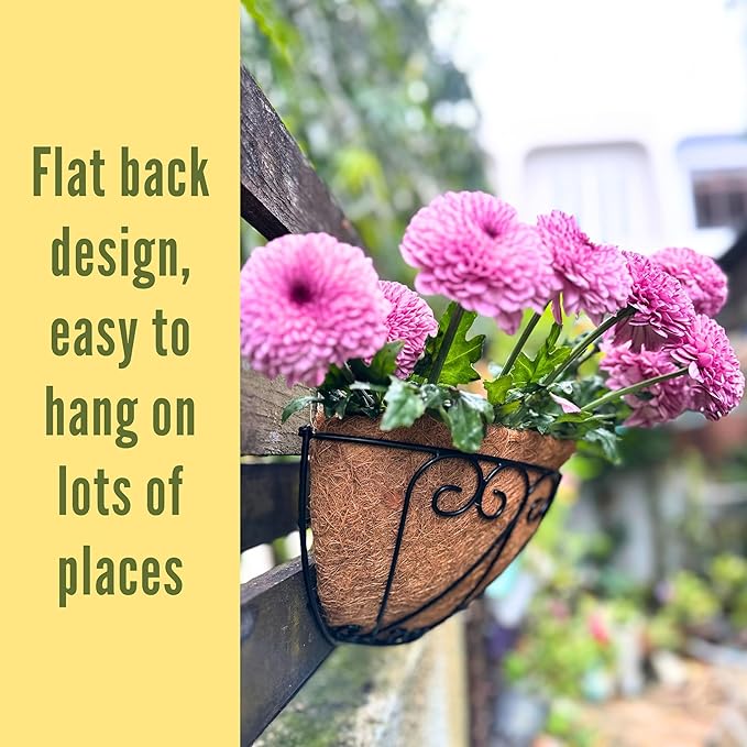 LaLaGreen Outdoor Wall Planters (4 Pack, 12 Inch) Black Metal Wall Mounted Hanging Basket with Coco Liner, Flower Pot Plant Holder Semi-Circle Planter for Fence Railing Deck Porch Balcony Garden Decor